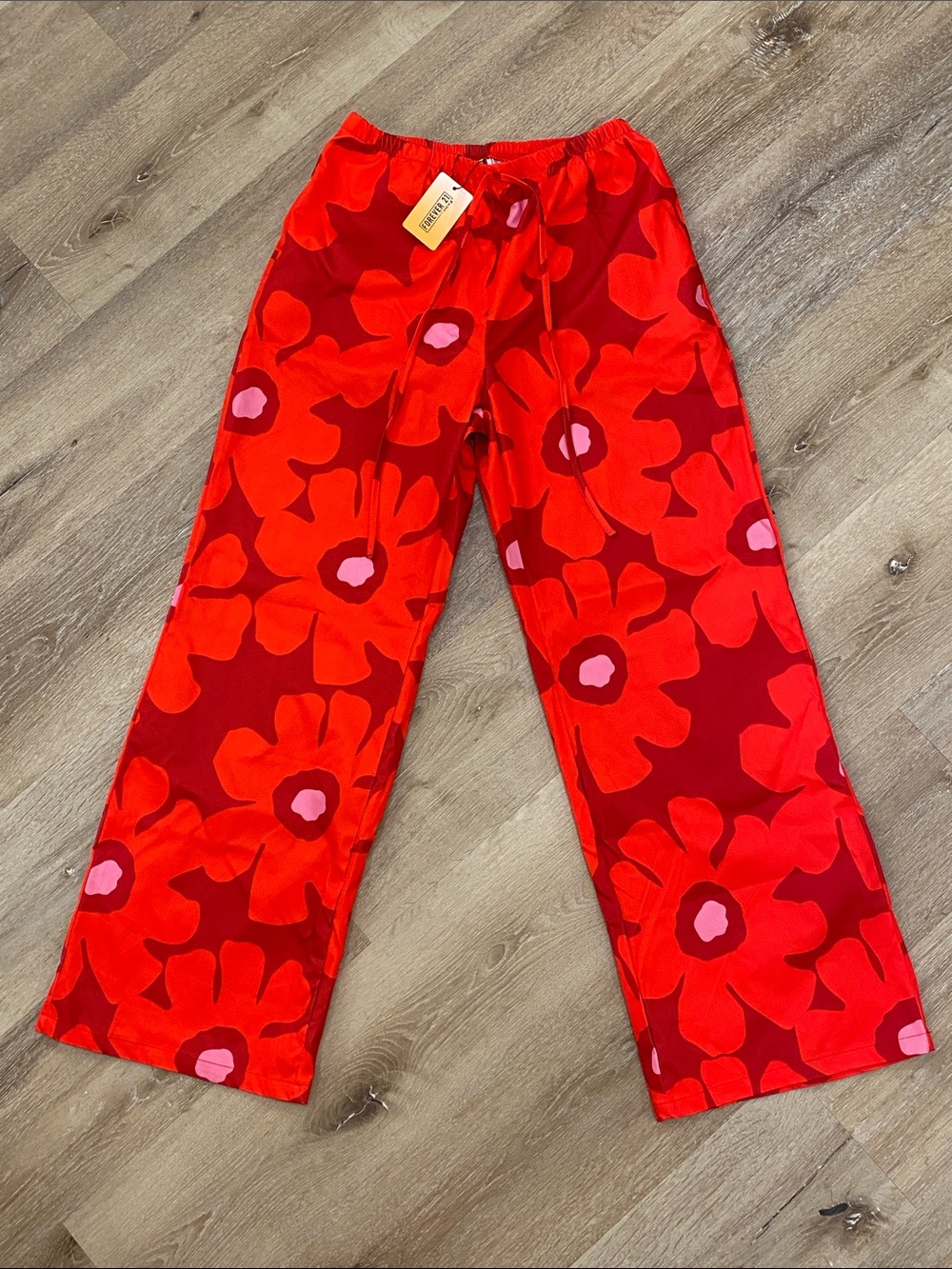🆕 Forever 21 SHEIN Elastic Waist Pants Floral Red Wide Leg Sz M Comfy BRAND NEW